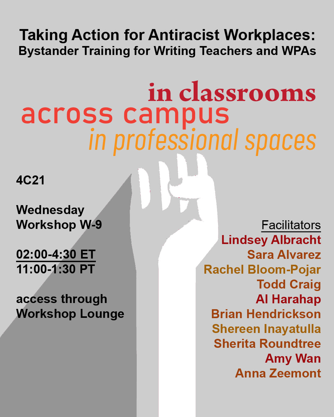 Poster for CCCC event: "Taking Action for Anti-Racist Workplaces: Developing Bystander Training for Writing Teachers and WPAs"