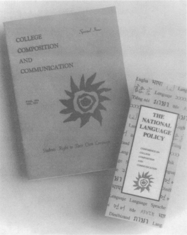 Photograph of 1970s College Composition and Communication journal issue containing Students Rights to their Own Language and pamphlet for The National Language Policy. 